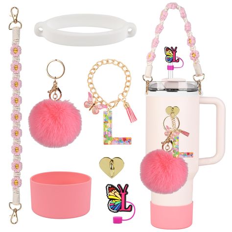 PRICES MAY VARY. Stanley Accessories includes: 7PCS. 1pcs water bottle boot, 1pcs silicone stanley cup toppers, 1pcs water bottle handle strap, 1pcs elastic silicone ring, 1pcs butterfly keychain, 1pcs pompom ball, 1pcs heart hook, suitable for Stanley 30 40 oz tumblers Charming Stanley Cup Carrier: Our stanley cup accessories set is not only practical but also enhances your stanley cup's aesthetic appeal with additional stanley charms, making it a must-have stanley cup accessory Material: The s Stanley Cups Aesthetic, Stanley Charms, Preppy Stanley, Cup Toppers, Cup Carrier, Stanley Accessories, Stanley Products, Butterfly Keychain, Bday List