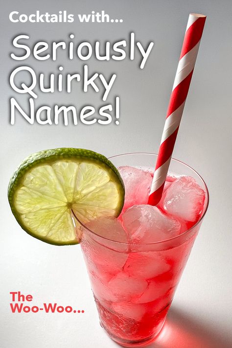 Pinterest image: photo of a Woo Woo cocktail with caption reading "Cocktails with Seriously Quirky Names" Fun Cocktail Names, Cocktail Names Creative, Funny Cocktail Names, Mocktail Names, Between The Sheets Cocktail, Funny Cocktails, Drink Names, Restaurant Drinks, Cocktail Names