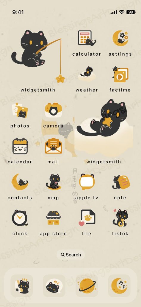 Cute Home Screen Ideas Iphone, Cat Phone Icon, Cat Theme Phone, Cat Phone Theme, Cat App Icon, Iphone Customization Ideas, Ipad Home Screen Layout, Genshin Backgrounds, Iphone Screen Savers