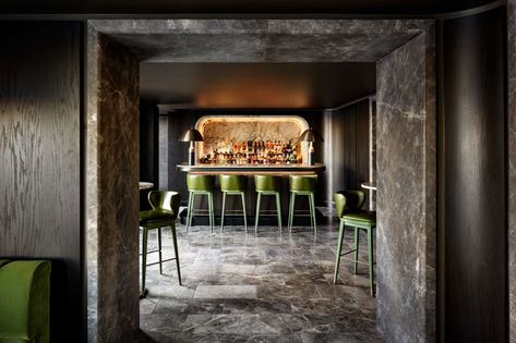 Studio Munge | BKS Speakeasy at Muir - Studio Munge Studio Munge, Marble Arch, Bar Interior, Dark Walnut Stain, Hotel Bar, Unique Architecture, Colorful Chairs, Fire Table, Five Star Hotel