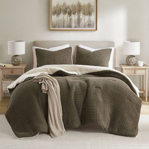 Stay warm and cozy with this Madison Park comforter set. Click this BED & BATH GUIDE to find the perfect fit and more! Stay warm and cozy with this Madison Park comforter set. Click this BED & BATH GUIDE to find the perfect fit and more! FEATURES Chenille face reversing to sherpa Waffle texture on face of comforter and shams Keep you warm on the coldest of daysTWIN SET 2-piece set 1 Comforter: 66"W x 90"L 1 Standard Sham: 20"W x 26"LFULL/QUEEN SET 3-piece set 1 Comforter: 90"W x 90"L 2 Standard Fall Bedroom Bedding, Fall Comforter Sets, Brown Bedspread Room Ideas, Light Brown Comforter Bedroom, Warm Bedding Ideas, Brown Comforter Bedroom, Bedding Ideas Cozy, Cream Bedroom Decor, Black And Cream Bedroom