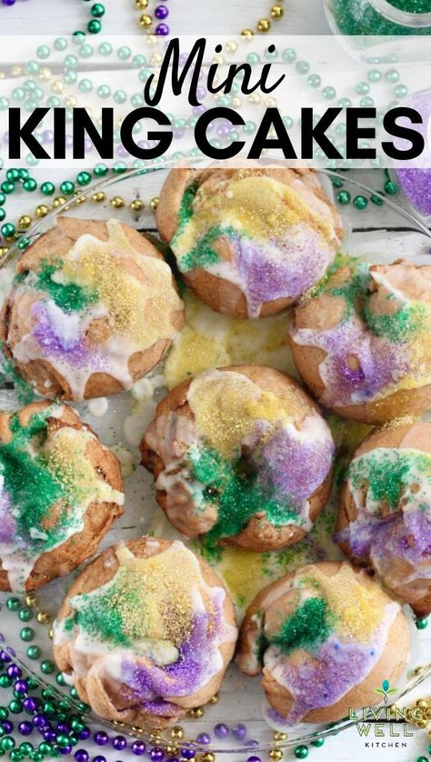 Celebrate Mardi Gras with your own personal Mini King Cake even if you can't make it to New Orleans or Mobile for the parades. This whole grain king cake recipe has less butter and sugar than traditional king cakes but is just as delicious! Similar to cinnamon rolls, you get your own. And you can even put a baby in one for a fun treat. Great idea for an epiphany celebration or festival party. Includes step by step photos and videos. #kingcake #kingcakerecipe Epiphany Celebration, Mini King Cakes, New Orleans King Cake, King Cakes, King Cake Recipe, Baking For Beginners, New Orleans Recipes, Mardi Gras King Cake, Mardi Gras Food