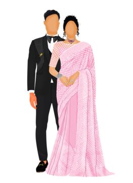 Indian Bride And Groom Caricature, Reception Caricature Indian, Couple Reception Look, Indian Wedding Caricature Couple, Back Pose Illustration, Wedding Caricature Indian, Reception Caricature, Indian Wedding Couple Illustration, Indian Couple Illustration