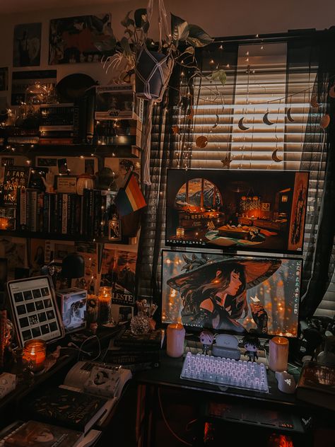 Whimsigoth Desk Setup, Gaming Setup Dark Academia, Witchy Desk Aesthetic, Witchy Gaming Room, Eclectic Gaming Setup, Dark Cozy Desk Setup, Dark Academia Office Desk, Gothic Computer Setup, Comfy Desk Setup