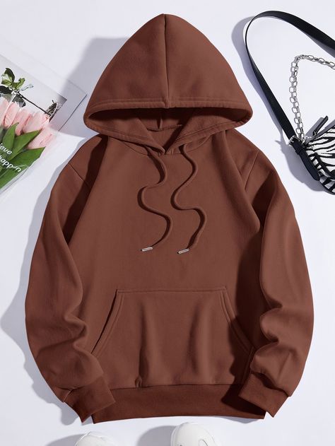 Coffee Brown Casual  Long Sleeve Polyester Plain Pullovers Embellished Slight Stretch Fall/Winter Women Sweatshirts Hip Hop Accessories, Sports Hoodies, Mode Masculine, Print Hoodie, Casual Hoodie, Casual Pullover, Casual Sweatshirt, Long Sleeve Pullover, Hoodie Print