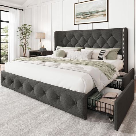 PRICES MAY VARY. 【STORAGE OPTIMIZED & 4 DRAWERS STORAGE】 This queen size bed frame comes with 4 wire mesh drawers that can be secured to the bed frame with storage and are on rollers, allowing the upholstered bed frame queen to provide a comfortable place to sleep while providing plenty of storage under the bed 【STRONG & STABLE CONSTRUCTION】 The platform bed frame with headboard is made of high quality metal support structure and thickened hardwood slats to ensure the durability and solidity of Beds Frame, Linen Upholstered Bed, Tufted Bed Frame, Upholstered Bed With Storage, Tufted Platform Bed, High Headboard, Bed Frame With Drawers, Grey House, Tufted Bed