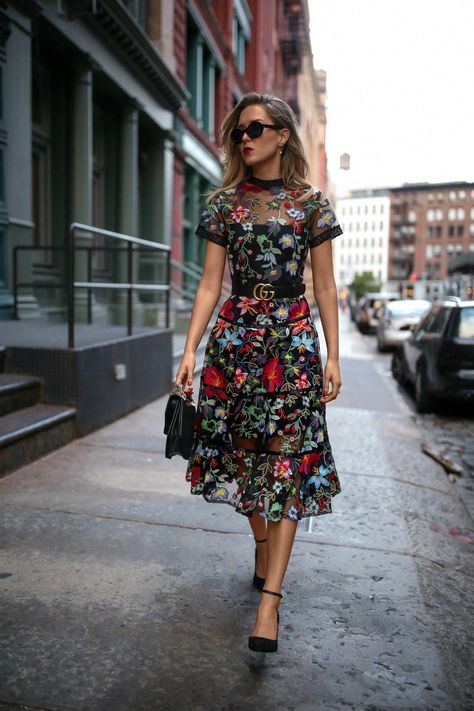 NYC fashion blogger Mary Orton wearing black Anthropologie embroidered fit and flare floral midi dress black Sam Edelman ankle strap pumps black M2Malletier mini leather shoulder bag black cat eye sunglasses Marc Jacobs pearl drop earrings black leather Gucci waist belt #weddingguestdress Black Tie Wedding Guest Dress Summer, Black Tie Wedding Guest Dress, Best Wedding Guest Dresses, Black Tie Wedding Guests, Summer Wedding Guest, 여름 스타일, Summer Wedding Guests, Summer Wedding Outfits, Summer Wedding Outfit Guest