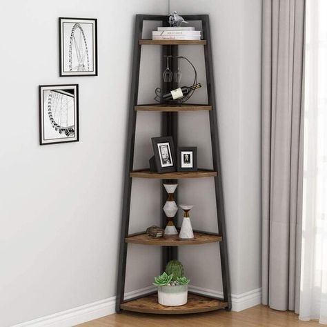 Union Rustic Scaggs 70.07'' H x 25.9'' W Steel Corner Bookcase & Reviews | Wayfair Tall Corner Shelf, Corner Ladder Shelf, Corner Storage Shelves, Corner Bookshelf, Small Bookshelf, Corner Bookshelves, Small Bookcase, Regal Design, Corner Storage