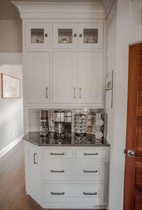 Custom Coffee Cabinet, Coffee Bar White Cabinets, End Of Cabinet Coffee Bar, Kitchen Desk Area To Coffee Bar, Beach House Coffee Bar Ideas, Coffee Bar Under Cabinet Counter Tops, L Shaped Coffee Bar, Wet Bar Coffee Station, Coffee Bar Pantry Cabinet