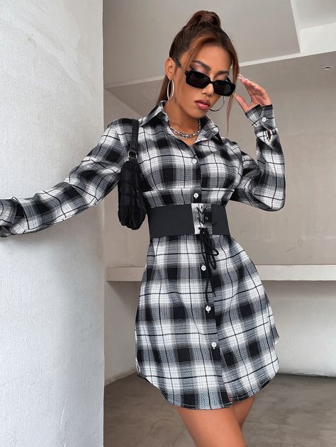 Checkers Shirt Outfit Women, Dount Cake, Checkered Shirt Outfit Women, Plaid Shirt Dress Outfit, Checkers Shirt, Checkered Dress Outfit, Shirt Dress With Corset, Checkered Shirt Outfit, Black And White Shirt Dress