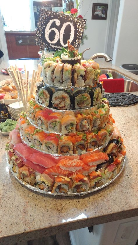 I love this cake and this idea🖤*  Sushi Birthday Cake Sushi Wedding Cake, Sushi Cakes Birthday, Sushi Bar Birthday Party, Sushi Bar Party, Sushi Cake Ideas, Sushi Birthday Party Ideas, Sushi Themed Party, Sushi Torte, Sushi Cake Birthday