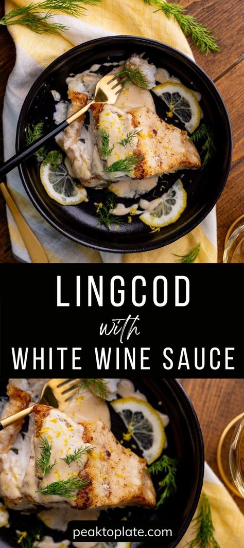 Lingcod is known for its mild sweet flavor and melt-in-your-mouth-tenderness. This delicate fish is paired with a luxuriously creamy white wine sauce for the perfect balance of flavors. a dish that is both simple and sophisticated. If you're looking for a dish that's both simple and sophisticated, give this elegant pan-seared lingcod recipe a try! Lingcod Recipe, Creamy White Wine Sauce, Blacken Fish, Seared Fish, White Wine Sauce, Venison Recipes, How To Cook Fish, Wine Sauce, Dinner For Two