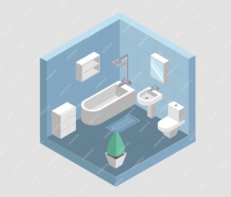 Premium Vector | Isometric bathroom with a bathtube sink toilet mirror and drawers Isometric Bathroom, Toilet Mirror, Sink Toilet, Mirror Drawers, 3d Font, Technology Icon, Card Banner, Presentation Template Free, Poster Invitation