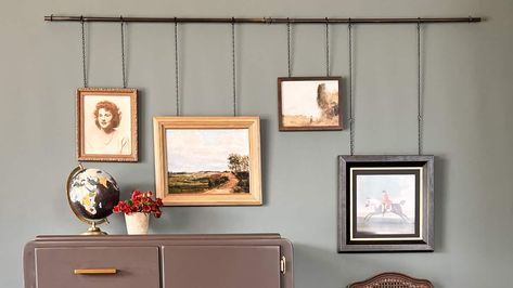 How to DIY a Picture Rail System - Art Rail Display, Diy Picture Rail System, Diy Picture Rail, Picture Rail Molding, Build A Headboard, Waterfall Dresser, Headboard Tutorial, Simple Nightstand, Flip House