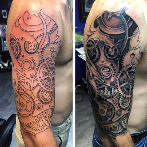 Mechanical Sleeve Tattoo, Mechanical Arm Tattoo, Steampunk Tattoo Design, Gear Tattoo, Rip Tattoo, Steampunk Tattoo, Tatuagem Masculina Pequena, Mechanic Tattoo, Mechanical Gears