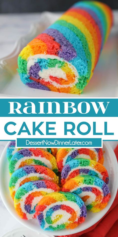 Swirl Roll Cake, Funfetti Cake Roll, White Jelly Roll Cake, Cake Mix Jelly Roll Recipe, Strawberry Rainbow Cake, Swiss Roll Decoration Ideas, Rainbow Swiss Roll, Rainbow Cake Roll, Rainbow Sponge Cake