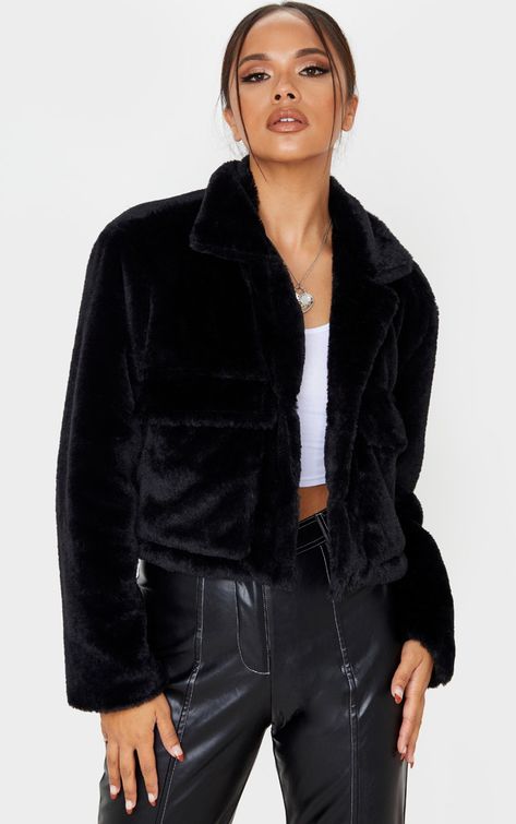 Black Faux Fur Cropped Pocket Jacket Cropped Faux Fur Coat, Short Faux Fur Jacket, Long Faux Fur Coat, Faux Fur Material, Petite Shorts, Smart Casual Outfit, Cute Jackets, Pocket Jacket, Black Faux Fur