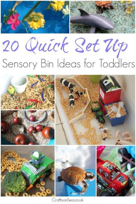 Does your kid love sensory play but you don't have hours to set things up? These quick set up sensory bin ideas for toddlers are your answer! Sensory Bin Ideas For Toddlers, Sensory Bin Ideas, Play Preschool, Sensory Kits, Preschool Sensory, Prek Ideas, Kids Sensory Play, Sensory Tubs, Purposeful Play