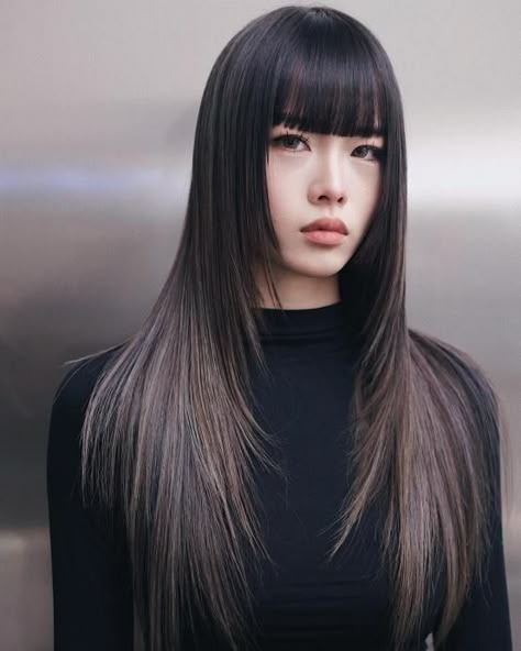 Long Straight Asian Hairstyle with Blunt Bangs Korean Haircut Long, Asian Long Hair, Korean Haircut, Korean Short Hair, Straight Hair Cuts, Neon Hair, How To Cut Bangs, Straight Bangs, Asian Short Hair