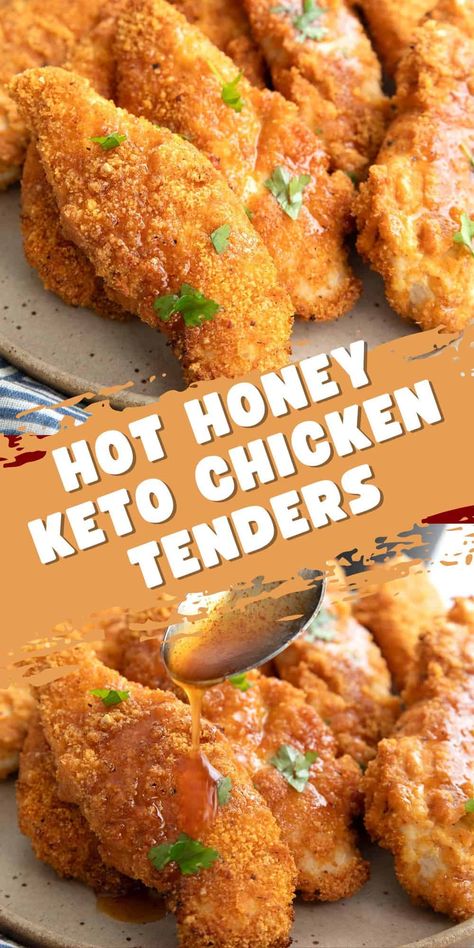 These Keto Chicken Tenders are crispy on the outside and juicy on the inside. Drizzled with a luscious sugar free hot honey sauce, they rival anything from a restaurant! And they're easy to make in your air fryer or your oven. Hot Honey Chicken Tenders, Honey Chicken Tenders, Keto Chicken Tenders, Hot Honey Sauce, Hot Honey Chicken, Keto Fried Chicken, Honey Sauce, Hot Honey, Honey Chicken