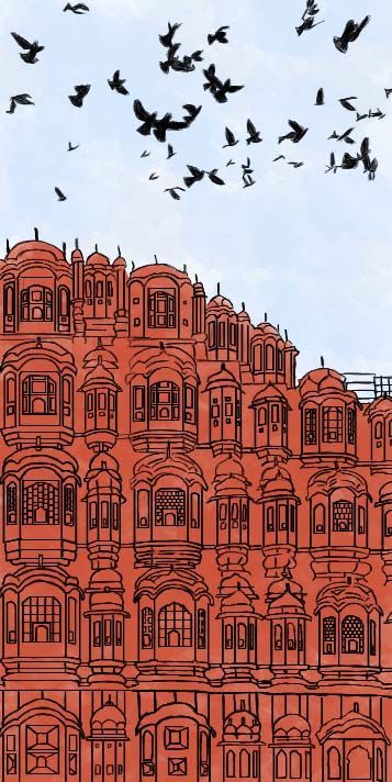 Indian Illustration Painting, Desi Patterns Illustration, Jaipur Art Paintings, Jaipur Painting Art, Pakistan Illustration Art, Hawa Mahal Drawing, Indian Patterns Illustration, Indian Monuments Illustration, Hawa Mahal Painting