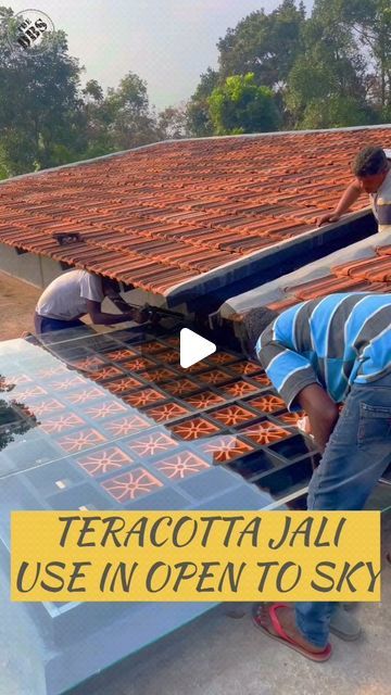 Designer Tiles on Instagram: "Terracotta on roof 🤩 . . . . . . . . . . . . . #terracotta #jalis #roof #house #jalis #renovation #concreteconstruction #construction #housemaking #teracottajalis #ideas" House Glass Design Exterior, Roof Opening Design, Garden Ceiling Ideas, Roofing Tiles Ideas, Courtyard Grill Designs, Balcony Construction Ideas, Tiled Roof House Design, Terracotta Design Ideas, Courtyard Roofing Ideas