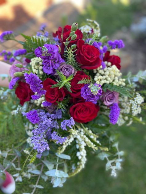 Red White And Purple Bouquet, Red White Purple Flowers, Purple And Red Wedding Bouquets, Red And Purple Rose Bouquet, Red White And Purple Wedding, Red Roses And Lavender Bouquet, Purple And Red Decorations, Red And Purple Bridal Bouquet, Purple And Red Floral Arrangements