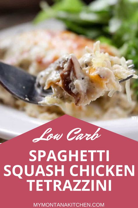 Easy Low Carb Casserole, Creamy Spaghetti Squash, Spaghetti Squash Chicken, Chicken Tetrazzini Casserole, Low Carb Casserole, Easy Chicken Tetrazzini, Chicken Tetrazzini Recipes, Montana Kitchen, Tartiflette Recipe