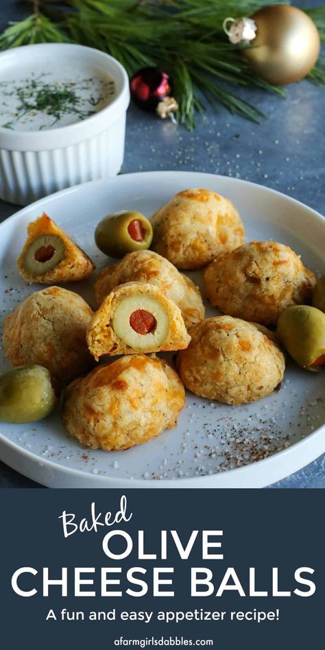 Olive Cheese Balls from afarmgirlsdabbles.com - Flaky, tender, cheesy dough surrounds a warm and salty-juicy olive. A fun and easy baked appetizer recipe, perfect for entertaining - and I give you two ways recipe versions! #olive #olives #cheese #balls #ball #cheeseballs #cheeseball #baked #appetizer #easy #recipe Baked Olives, Olive Appetizer, Appetizer Easy, Baked Recipe, Olive Recipes, Cheese Ball Recipes, Appetizer Bites, Cheese Balls, Cheese Appetizers