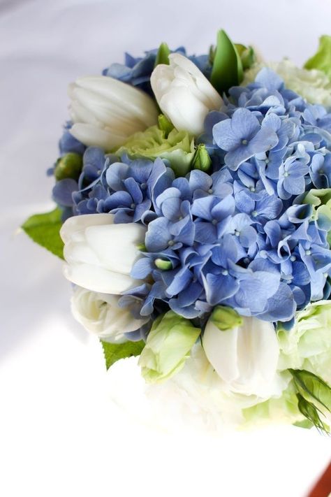 Wedding Flowers Blue Hydrangea, Tulip Bouquet Wedding, White Tulip Bouquet, Wedding Flowers Tulips, Hydrangea Bouquet Wedding, Blue Wedding Centerpieces, Tulip Wedding, Hydrangea Bouquet, Blue Wedding Flowers