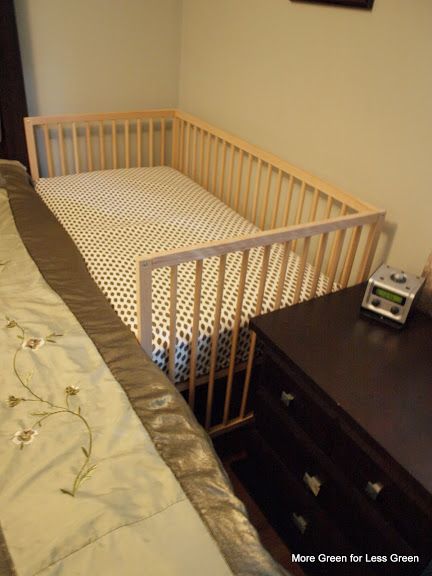 More Green For Less Green: Crib Part 3: Turn a Crib Into a Side-Car (Co-Sleeper) Crib Beside Bed, Side Car Crib, Cosleeping Crib, Sidecar Crib, Cosleeping Bedroom, Bed Barrier, Ikea Cot, Green Crib, Ikea Crib