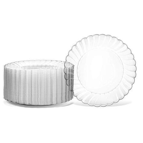 Amazon.com: 100 Premium Hard Clear Plastic Plates Set By Oasis Creations - 6" Clear Round Disposable Plates - Washable and Reusable: Kitchen & Dining Clear Plastic Plates, Plastic Dinnerware Sets, Clear Plates, Plastic Party Cups, Plastic Dinnerware, Birthday Plate, Wedding Buffet, Catering Food, Disposable Plates