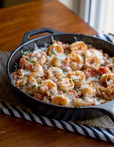 Cajun Shrimp and Quinoa Casserole Shrimp And Quinoa, Quinoa Casserole, Skillet Dinner Recipes, Cooked Quinoa, Resep Seafood, Iron Skillet Recipes, Fontina Cheese, Seasoning Salt, Skillet Recipes