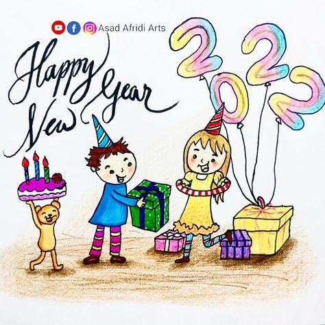 Happy New Year 2022 | Drawing | Subscribe my Youtube Channel 👉 Asad Afridi Arts Happy New Year Drawing For Kids, New Years Drawing, New Years Drawing Ideas, New Year Drawing, 2022 Drawing, New Year's Drawings, Easy Animal Drawings, Happy New Year 2022, Easy Animals