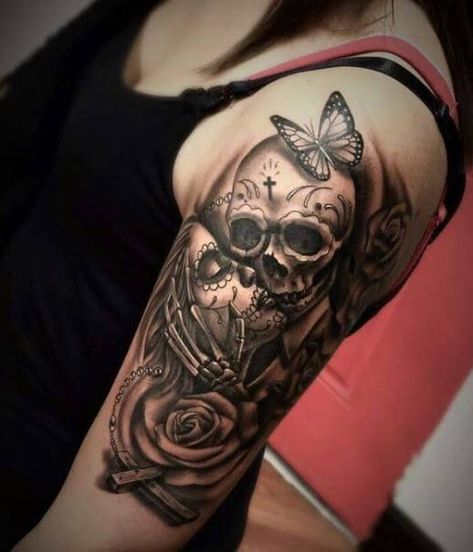 280+ Best Sugar Skull Tattoo Designs With Meanings (2020) Día de los Muertos Totem Tattoo, Catrina Tattoo, Model Tattoo, Skull Sleeve Tattoos, Skull Sleeve, Skull And Roses, Sugar Skull Tattoos, Arm Band Tattoo, Halloween Tattoo