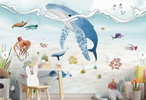 Wallpaper Whale, Under The Sea Wallpaper, Ocean Baby Rooms, The Sea Wallpaper, Whale Wallpaper, Sea Bedrooms, Sea Murals, Under The Sea Nursery, Ocean Mural