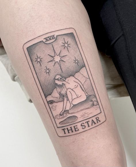 The Star Tarot Tattoo Design, The Star Card Tattoo, Tarot Card Tattoo Star, Star Card Tattoo, Tarot Card Tattoo Minimalist, Star Tarot Card Tattoo, Star Tarot Tattoo, The Star Tarot Card Art, The Star Tarot Tattoo