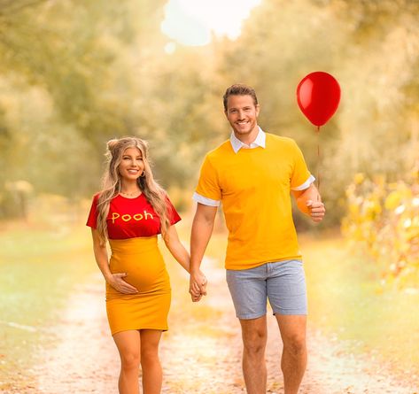 Pregnant Carnival Costume, Prego Halloween Costumes Couples, Cute Maternity Costumes, Cute Costumes For Pregnant Women, Maternity Winnie The Pooh Costume, Cute Pregnant Couple Halloween Costumes, Pooh Bear Costume Women, Winnie The Pooh Pregnant Costume, Cute Halloween Costumes For Pregnant Women