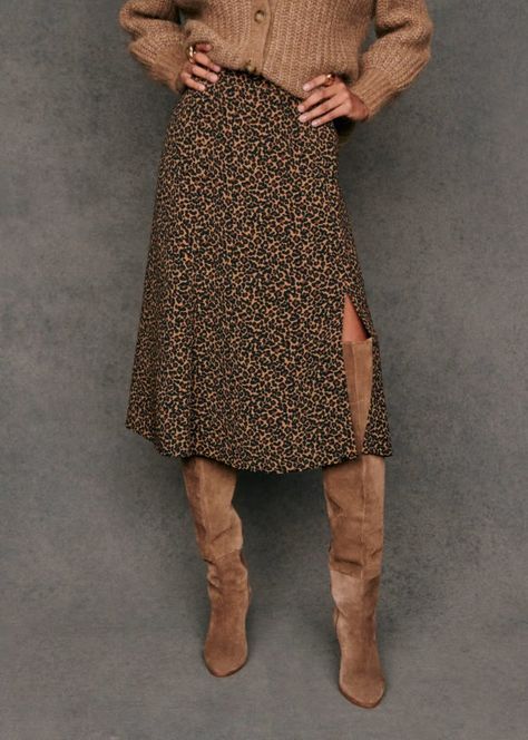 Tan Skirt - Leopard brown - Viscose - Sézane Lifestyle Dresses, 2024 Wishlist, Tan Skirt, Denim Suit, Leopard Skirt, Swimwear Dress, Style Mistakes, Winter 2024, Blouse Dress