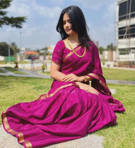 Mysore Silk Saree Designs, Mysore Crepe Silk Sarees Blouse Designs, Plain Sarees With Designer Blouse, Ksic Mysore Silk Saree Blouse, Mysore Silk Saree Styling, Decent Blouse Designs, Ksic Mysore Silk Saree, Mysore Silk Saree Blouse Designs, Plain Silk Saree