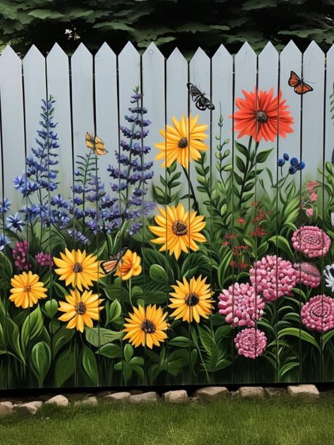 Butterfly Fence Art, Fence Painting, Flower Planting, Garden Fence Art, Garden Mural, Round Lake, Flower Mural, Acrylic Art Projects, Paint Flowers