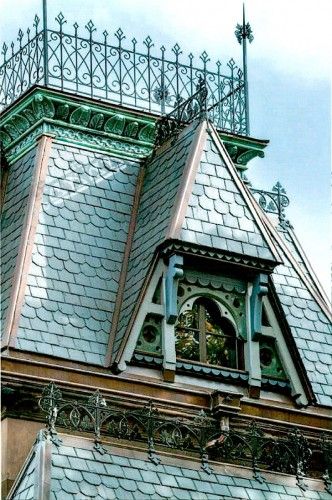 The restored cast iron cresting included this widow's walk atop the gatekeeper's residence. Roof Railing Design, Widows Walk, Greenwood Cemetery, We Have A Winner, Mansard Roof, Exit Strategy, Building Roof, Railing Design, Green Wood