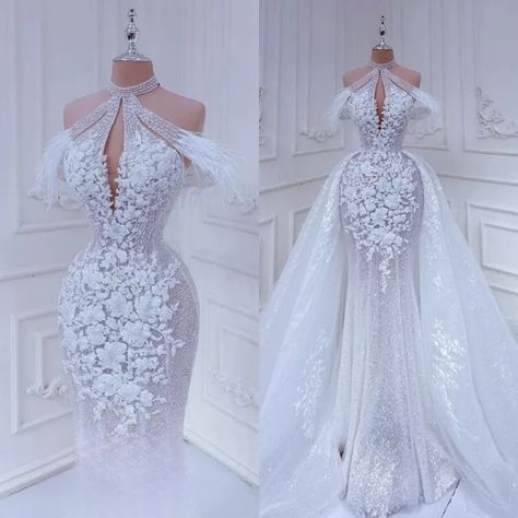 Elegant Princess Mermaid Wedding Dresses With Detachable Train Lace Bridal Gowns | eBay Wedding Dresses For Big Tummy, African Bride Dress, Wedding Dress With Detachable Train, Hawaii Wedding Dress, Latest Wedding Gowns, Wedding Dress Jumpsuit, Detachable Wedding Dress, Extravagant Wedding Dresses, Glam Wedding Dress