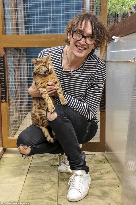 Happy ending: The Darkness' Justin Hawkins, 41, has been re-united with his pet cat Cully, three years after she disappeared from his former Suffolk home Justin Hawkins The Darkness, The Darkness Band, Justin Hawkins, Men With Cats, Lost Cat, Happy Ending, After 3, Man And Dog, Pet Cat