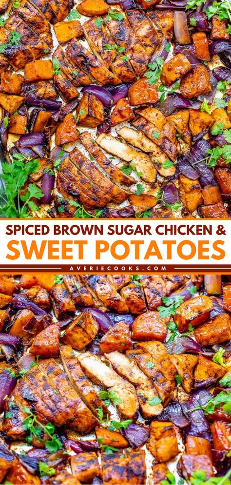 This sweet and spicy brown sugar chicken recipe is an easy meal idea! Thanks to a chili and brown sugar spice rub, this baked chicken and sweet potatoes is loaded with layers of flavor. You'll love this sheet pan dinner! Chicken And Beans Recipe Healthy, Chicken And Baked Beans, Chicken Sweet Potato Brussel Sprouts, Meals Using Sweet Potatoes, Easy Dinner Recipes With Sweet Potatoes, Chicken Sweet Potato Asparagus, Fall Chicken Sheet Pan Dinner, Fall Recipes Dinner Chicken, Healthier Meals For Family