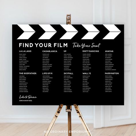 Film Table Names Wedding, Movie Seating Chart Wedding, Find Your Table Wedding Ideas, Alternative Wedding Decor, Movie Wedding Theme, Movie Theme Party Decorations, Cinema Themed Wedding, Movie Themed Wedding, Cinema Seating