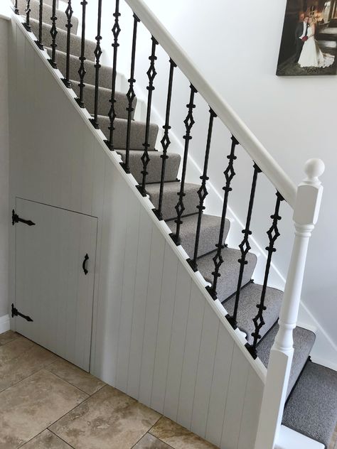 Tongue and groove wood panelling on my staircase painted in Valspar Modern Grey, with gothic inspired wrought iron spindles Tongue And Groove Panelling Staircase, Tongue And Groove Stairs, Staircase Painted, Wrought Iron Spindles, Iron Spindles, Painted Staircases, Wood Panelling, Tongue And Groove Panelling, Painted Stairs