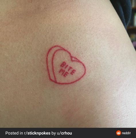 Red Cherry Tattoo, 3d Heart Tattoo, Candy Heart Tattoo, Tattoos Red Ink, Dr Tattoo, Candy Tattoo, Cherry Tattoo, Stick Poke Tattoo, Cherry Tattoos