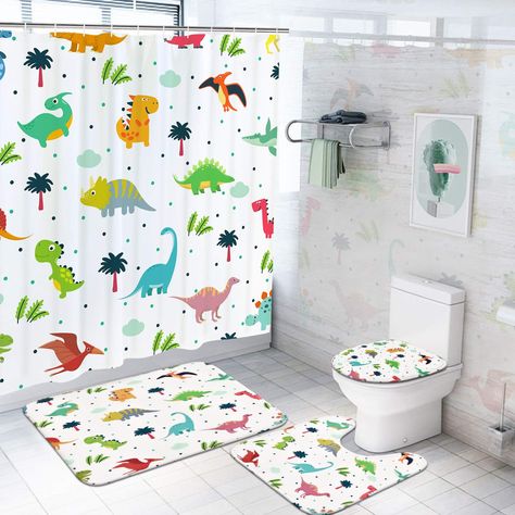 PRICES MAY VARY. PREMIUM MATERIAL: Cartoon dinosaur shower curtain is made of polyester fabric, comfy, waterproof and durable enough to beautify your bathroom, let you enjoy a healthy quality of life. And non-Slip bath mat and U type rug are made of high quality flannel. Skid resistant backing, durable and keeps the bath rug in place, helping you to enjoy pleasant bath time. HD PRINTING: The cute kids shower curtain designed with HD digital printing technology, clearly and not fade, make your ba Aria Bedroom, Kids Bathroom Shower, Kids Bathroom Shower Curtain, Kids Bath Rug, Kids Bathroom Sets, Kids Bathroom Accessories, Kids Shower Curtain, Bathroom Partitions, Bath Curtain