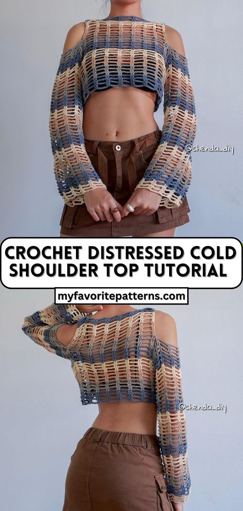 Crochet Distressed Cold Shoulder Top Tutorial Unique Crochet Clothing Patterns, Crochet Distressed Top Pattern, Crochet Top Distressed, Crochet Cold Shoulder Top, Distressed Crochet Pattern, Crochet Shirt Tutorial, Diy Crochet Top Tutorials, Crochet Distressed Top, Distressed Crochet Top